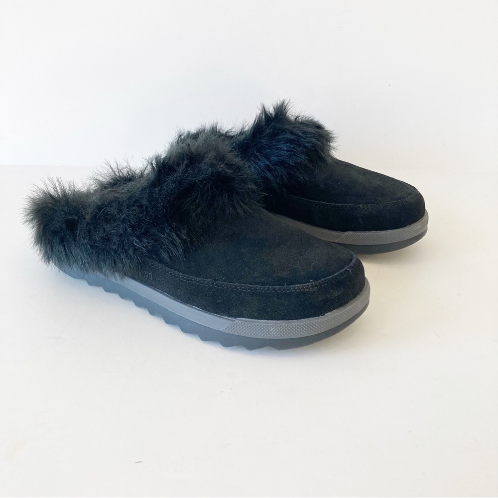 Cougar Leeza Black Slippers Suede Faux Fur Mule Furry Warm Cozy Slip On Size 8